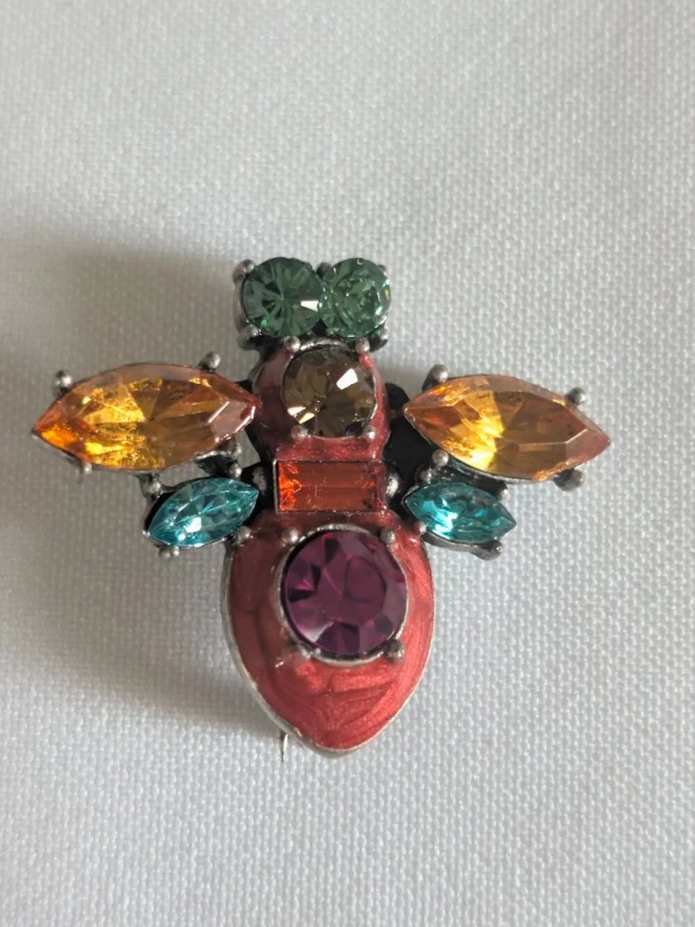 Retro Vintage Colorful Rhinestone Crystal Bee Pin Brooch Signed LOVE HUG